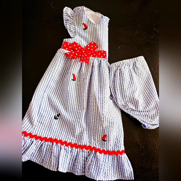 Striped Baby Dress with Red Accents With Matching Bloomers. 18 Months - Picture 5 of 7